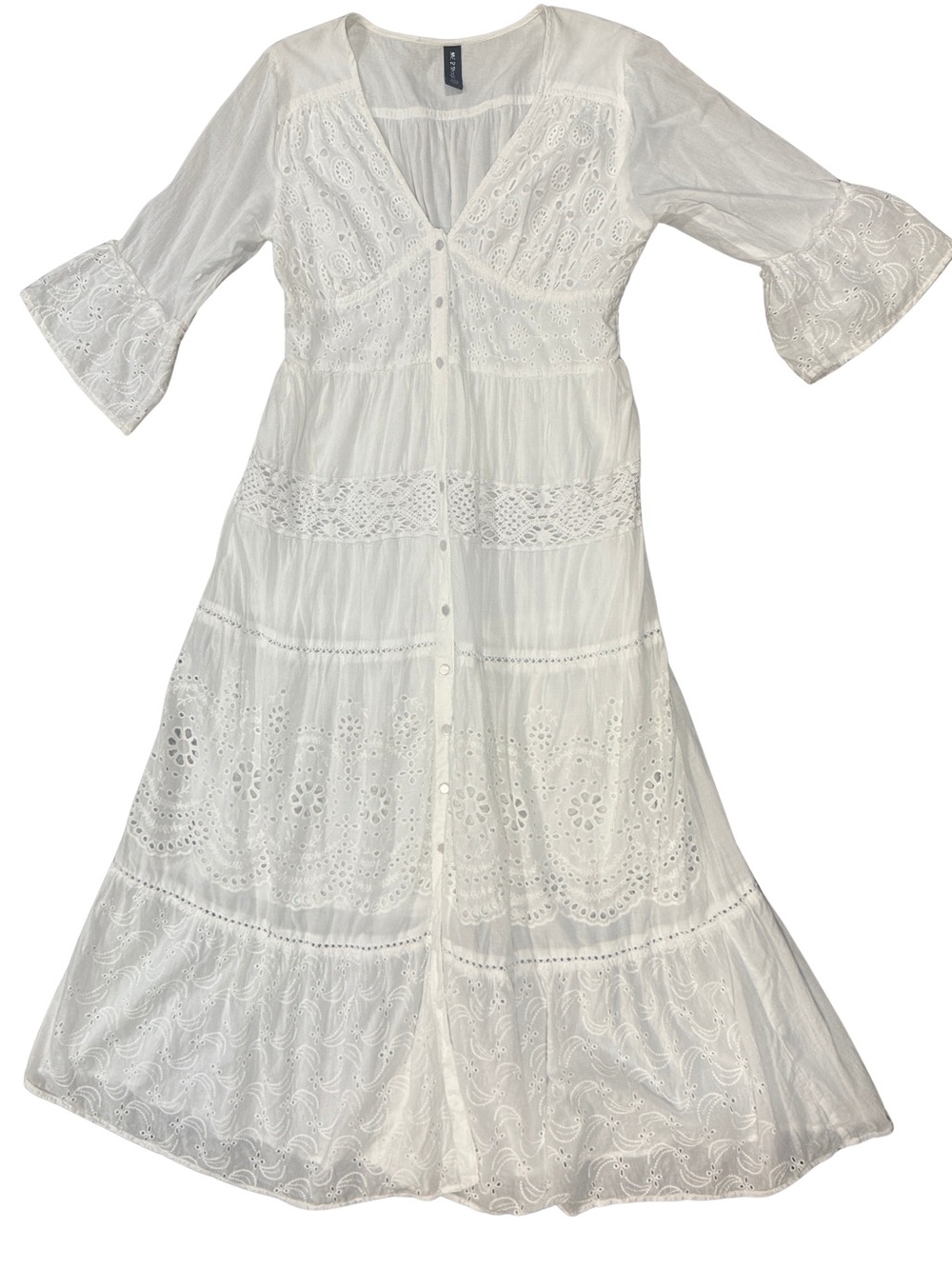 Women's White Eyelet Button-Front Maxi Dress with Lace Panels 100% Cotton